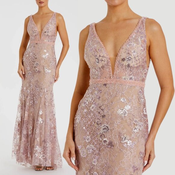 $698 Mac Duggal 67481 Size 0 Pink Floral Embroidered V-Neck Long Maxi Gown Dress - Picture 1 of 5
